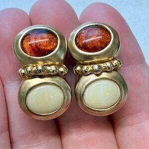 Vintage Chunky Amber Resin Cream Matte Gold Tone Clip On Earrings  90s